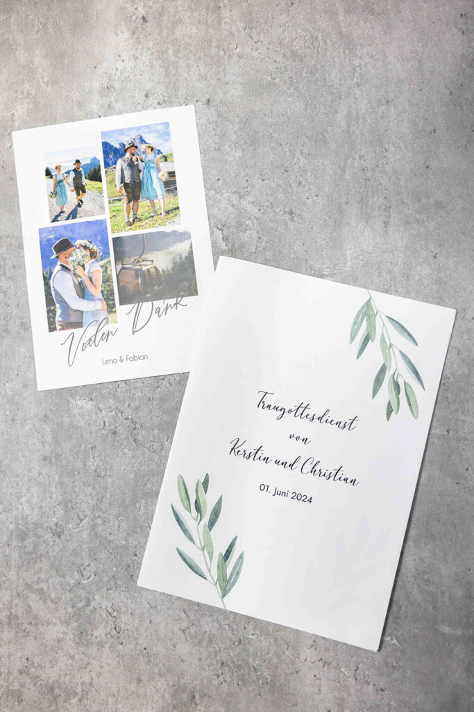 Hochzeitspapeterie, Danksagungskarte, Kirchenheft, Lena und Fabi, Kerstin und Christian